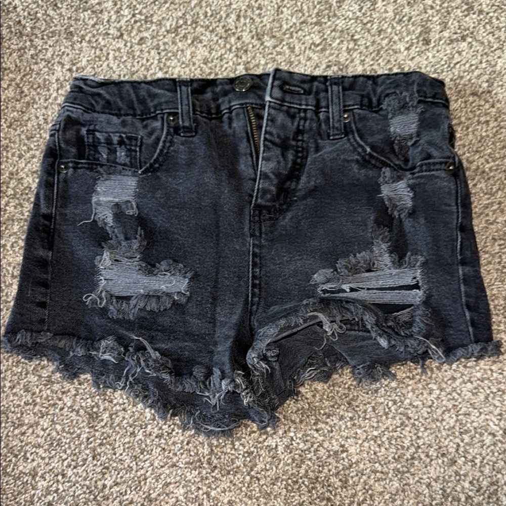 Distressed Black Denim Shorts